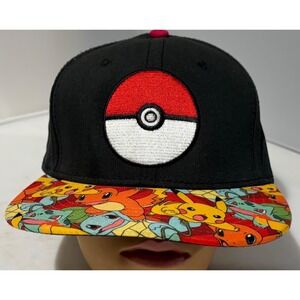 Pokemon Mens Poke Ball Snapback Hat Black Pikachu Charmander Squirtle Flat Brim